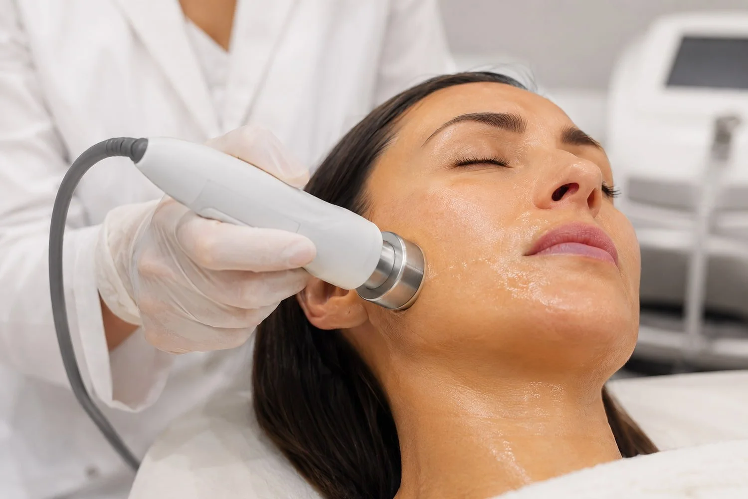 Clinician gliding a smooth radiofrequency handpiece along a relaxed client's jawline in a bright treatment room