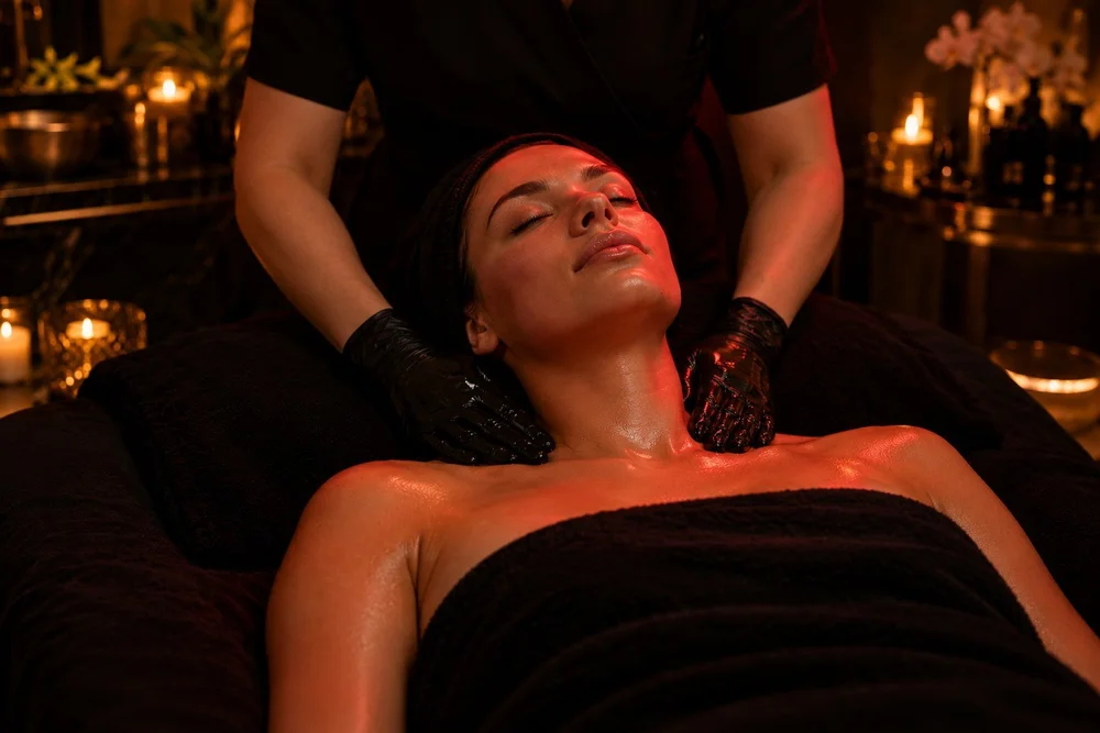 Skin therapist giving a neck and shoulder massage during a facial in San Diego