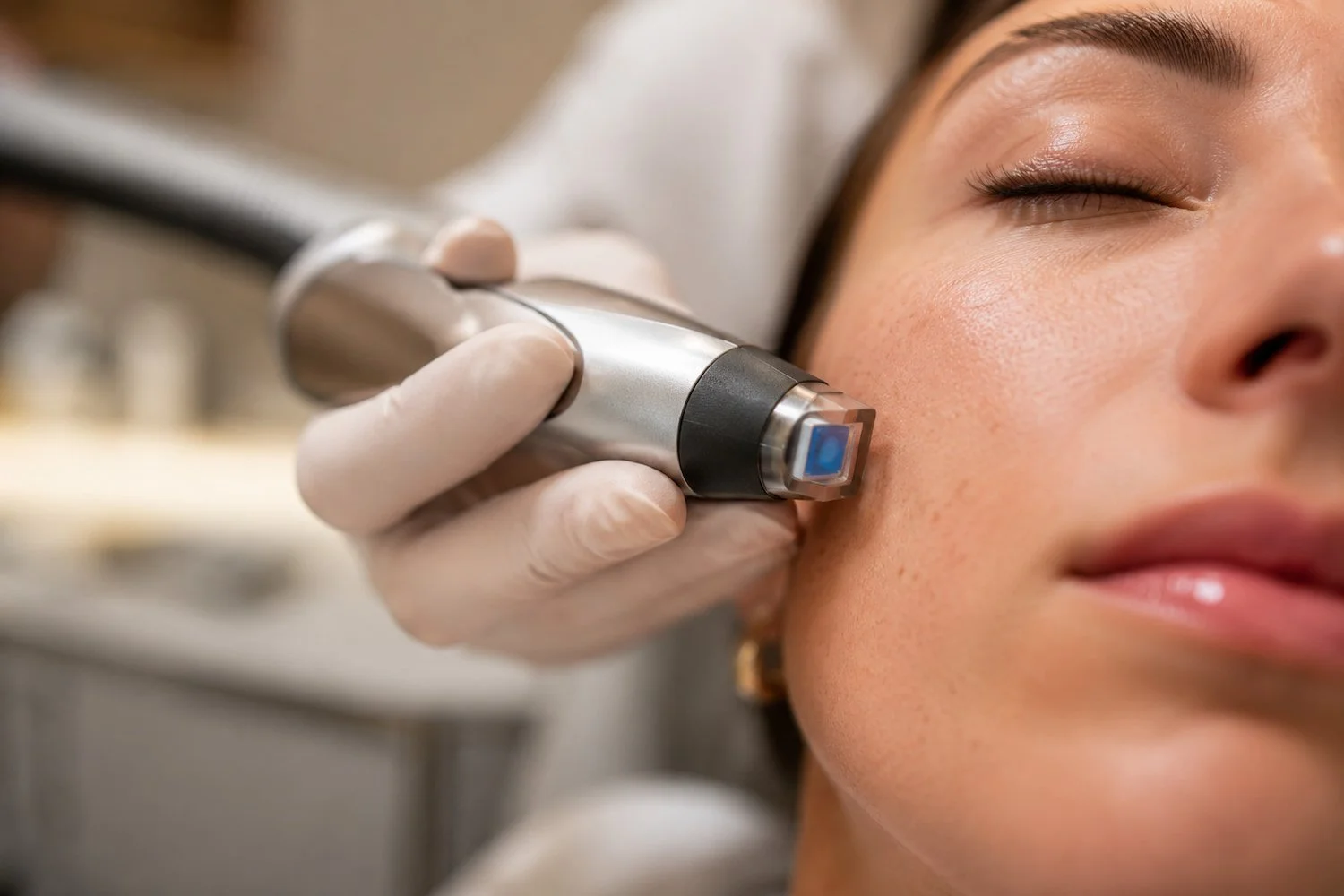 Precision laser handpiece with a small cooling tip treating a fine vessel on a client's cheek in a bright treatment room