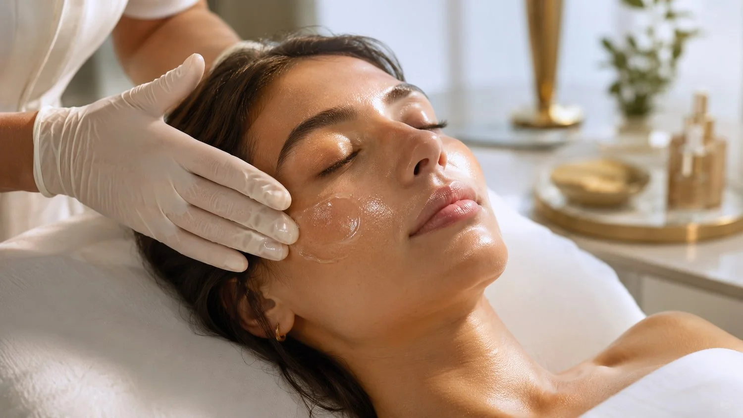 Gloved hands massaging PRX biorevitalization serum