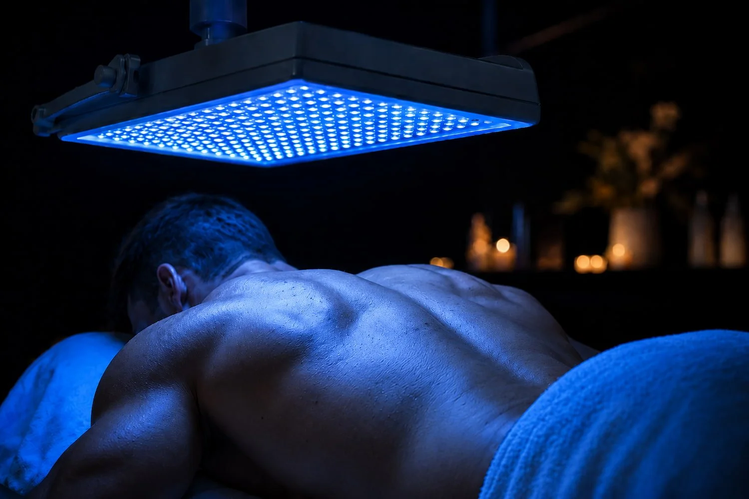 Blue LED light therapy during a back acne treatment in San Diego
