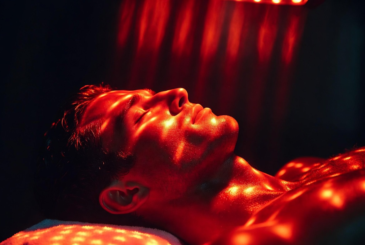 Handsome biracial man receiving red light therapy during a luxury men's facial treatment