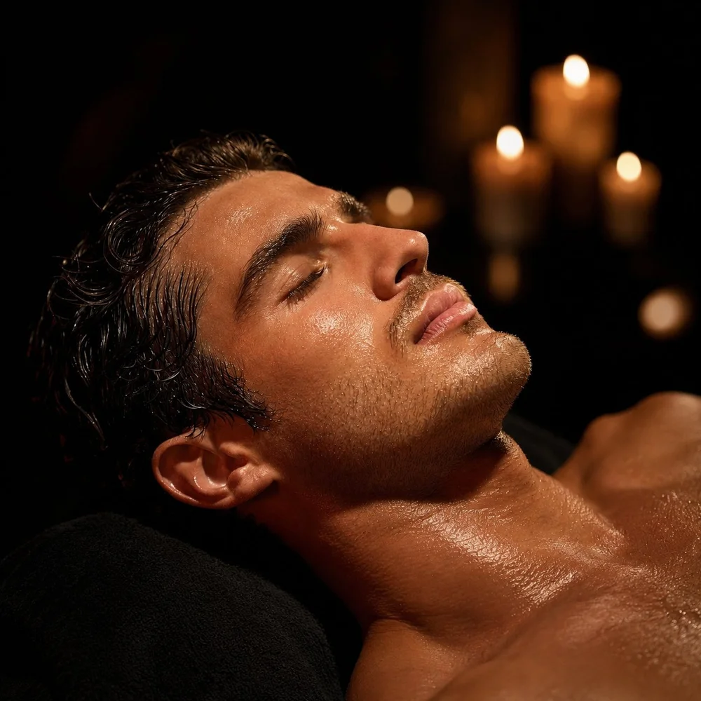 Man relaxing with glowing, hydrated skin during a men’s brightening facial in San Diego
