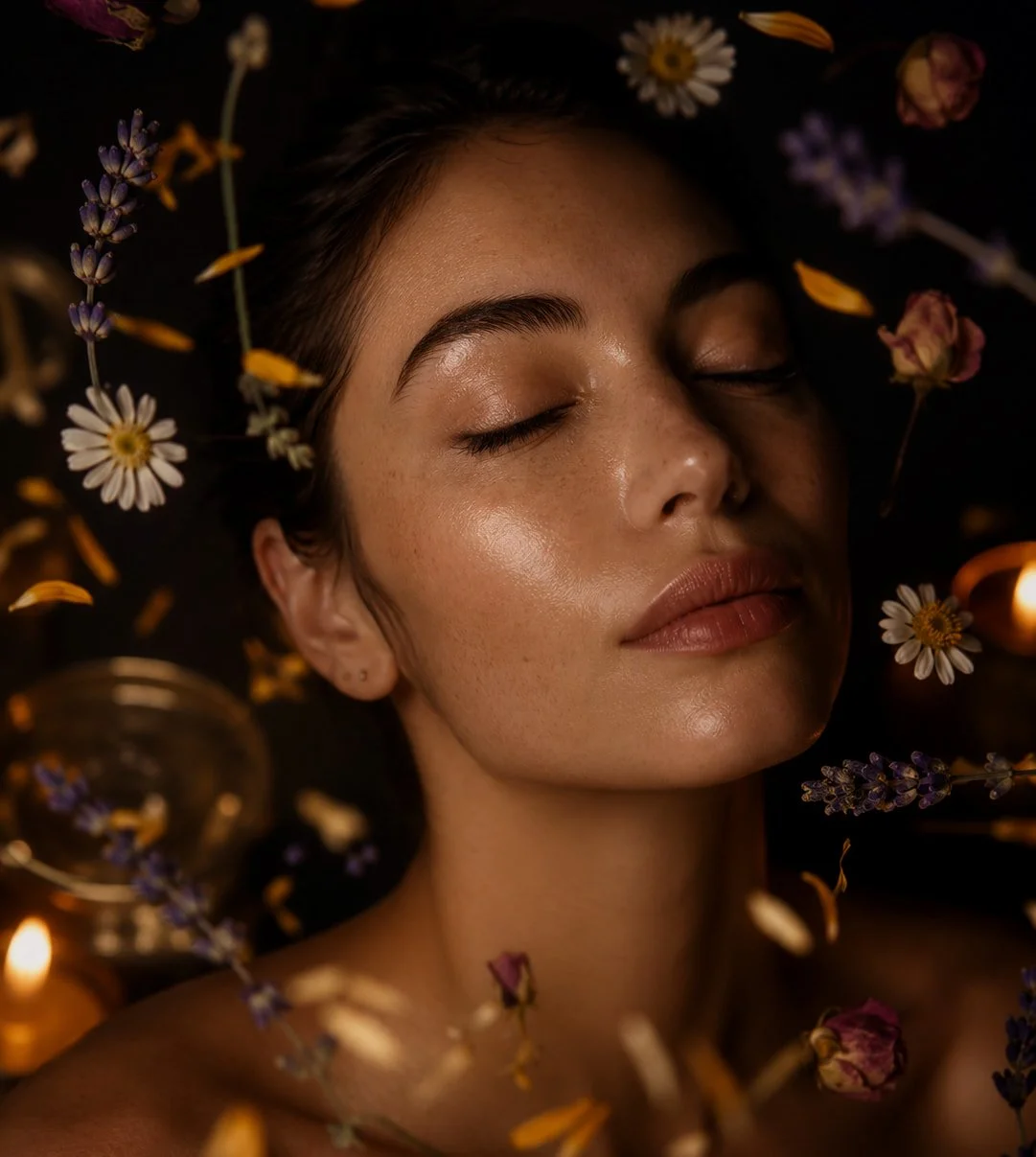 Woman receiving a calming organic sensitive skin facial in San Diego surrounded by chamomile and lavender