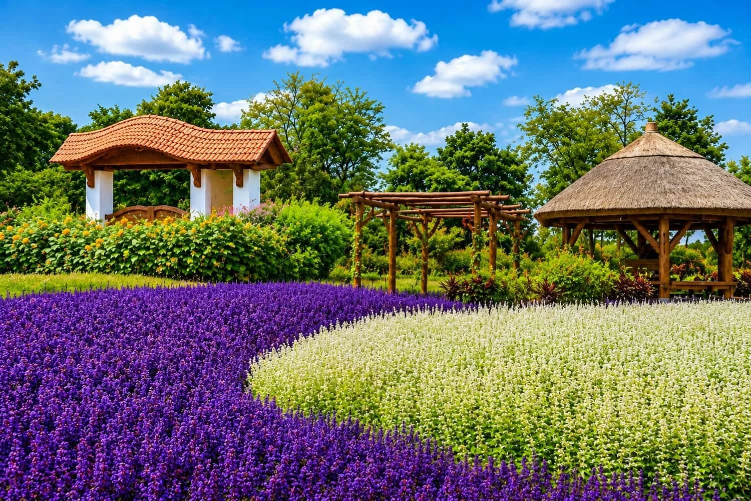 Lavender and herb fields at the Éminence organic farm in Hungary, where Éminence skincare ingredients are grown