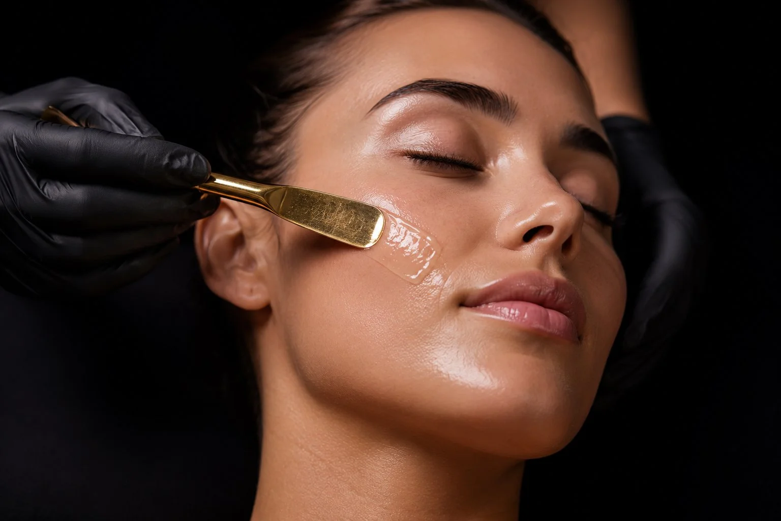 Esthetician applying a professional acne facial treatment with a gold spatula to help improve acne-prone skin at Conjure Skin Therapies in San Diego.