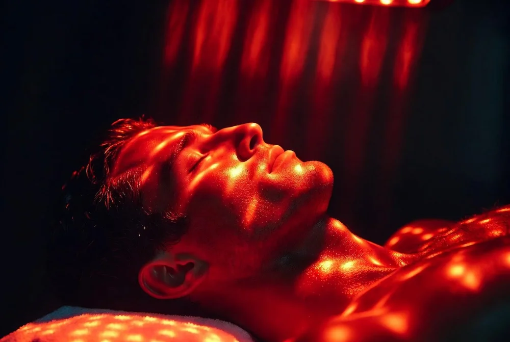 Lux Light Therapy during a men's facial at Conjure Skin Therapies, San Diego