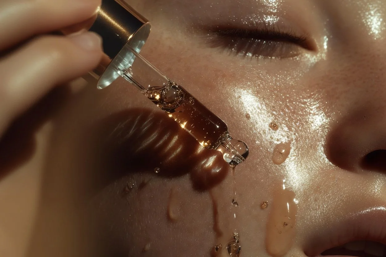 Golden serum dropped onto dewy glass skin during an Advanced Korean Facial in San Diego