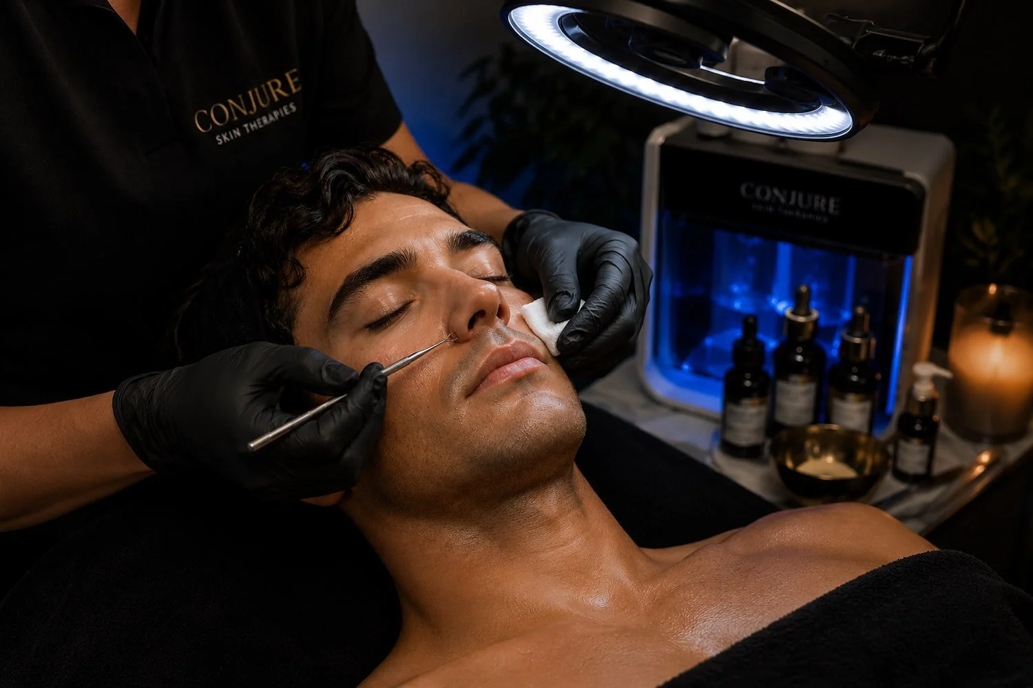 Esthetician examining skin under a magnifying lamp during a blackhead extraction facial in San Diego