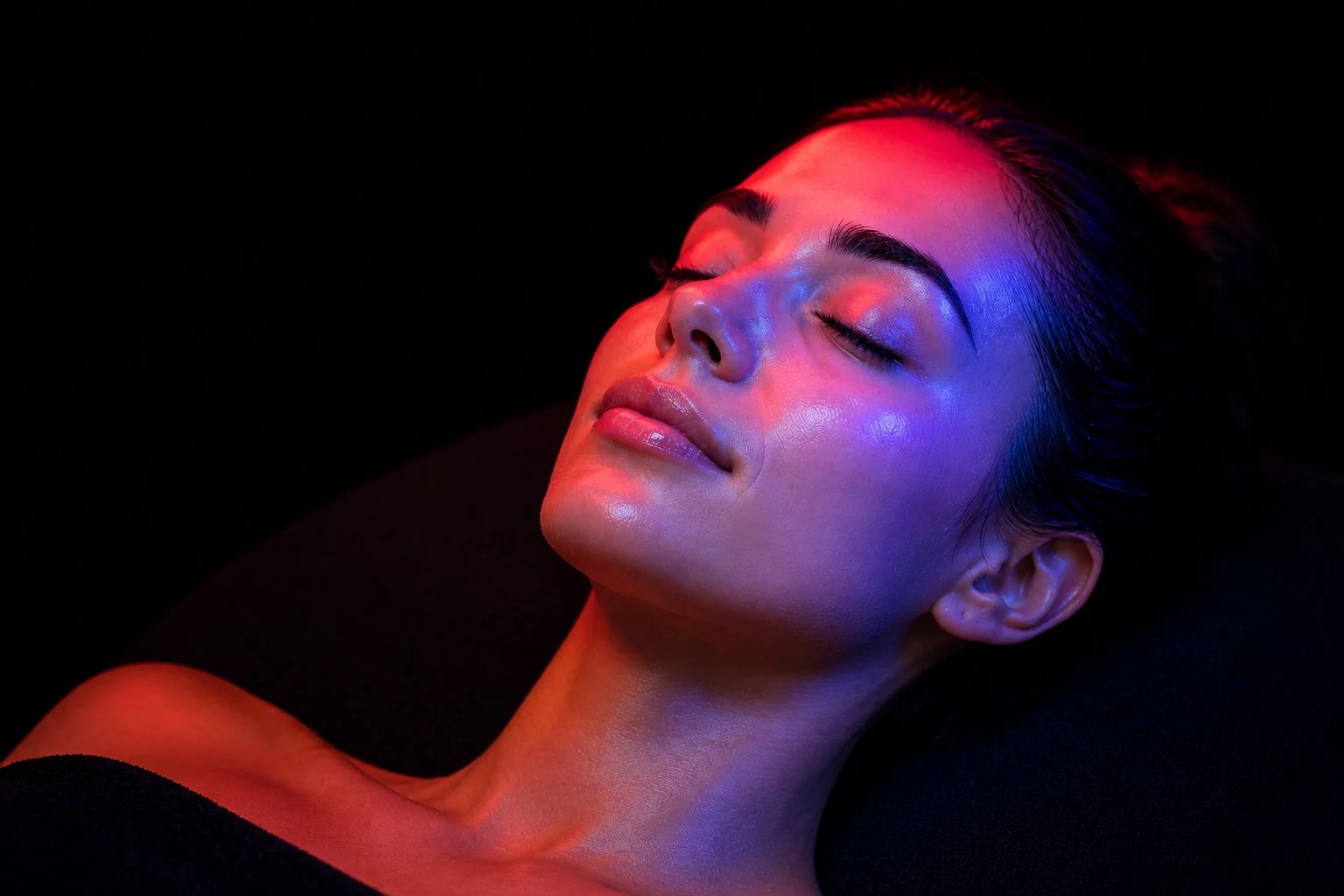 Woman receiving an advanced acne facial treatment with red and blue LED light therapy for clearer, healthier-looking skin at Conjure Skin Therapies in San Diego.