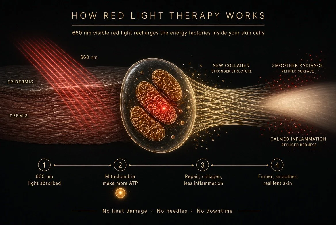 Graphic showing how red light therapy works in the skin cells