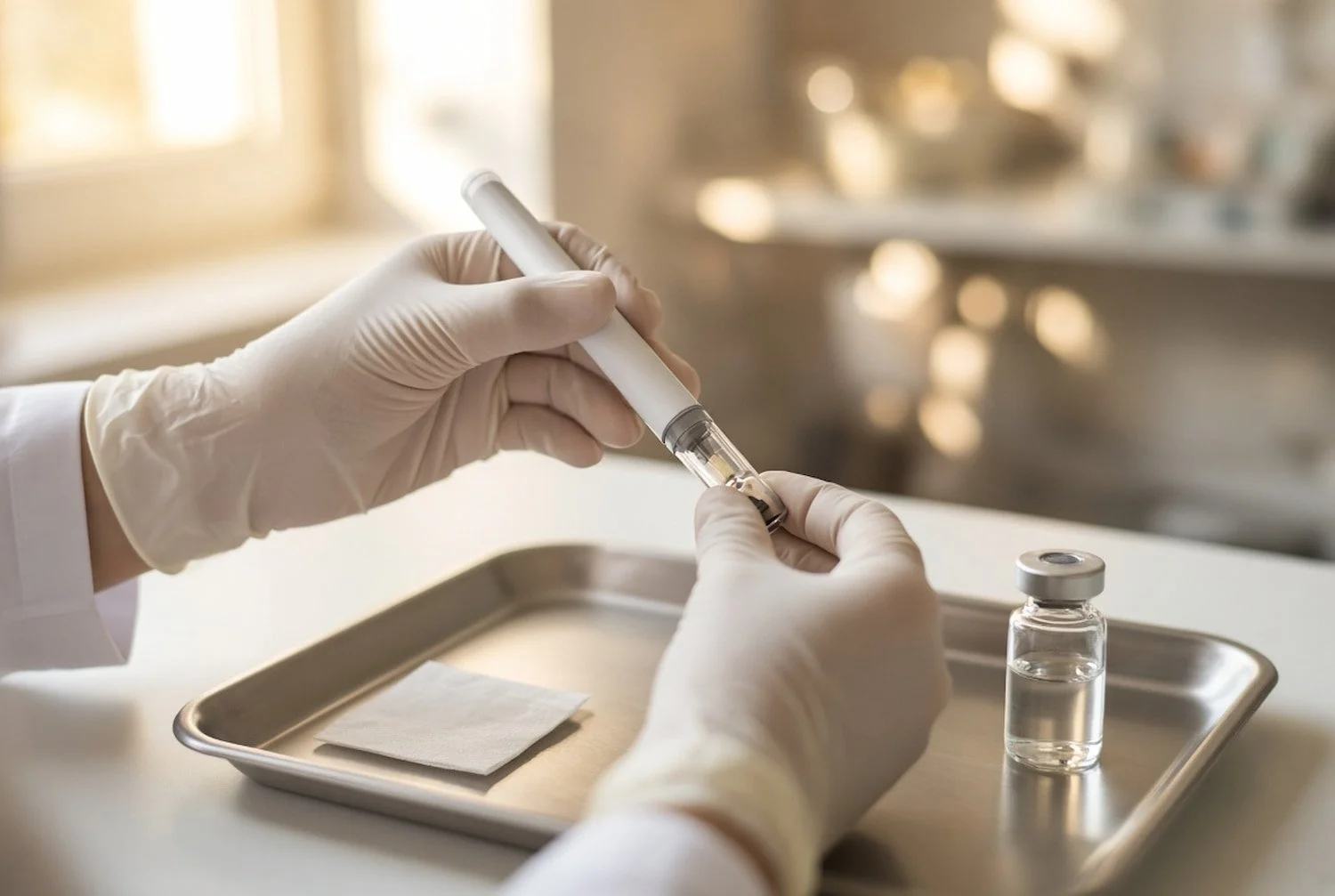 Nurse preparing a once-weekly GLP-1 weight loss injection in the medical room at Conjure Skin Therapies, Hillcrest, San Diego