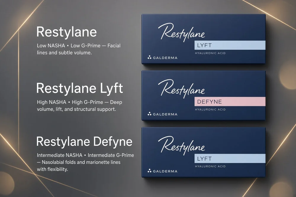 Restylane Lyft and Defyne dermal filler boxes for cheek, chin and smile line filler in San Diego