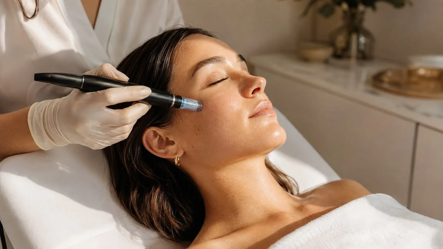 Gloved hand guiding a microneedling pen across a client's cheek during a GlowTox botox facial