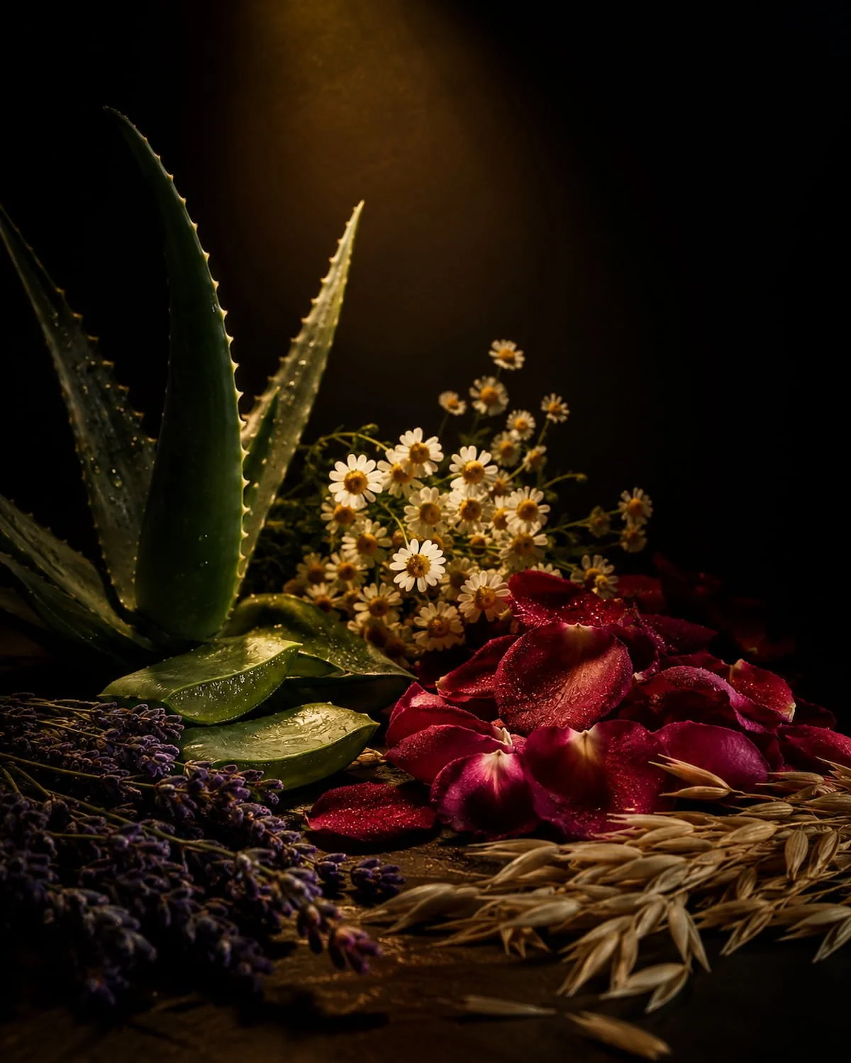 Fresh aloe, chamomile, rose petals, lavender, and oats used in calming sensitive skin facial treatments in San Diego