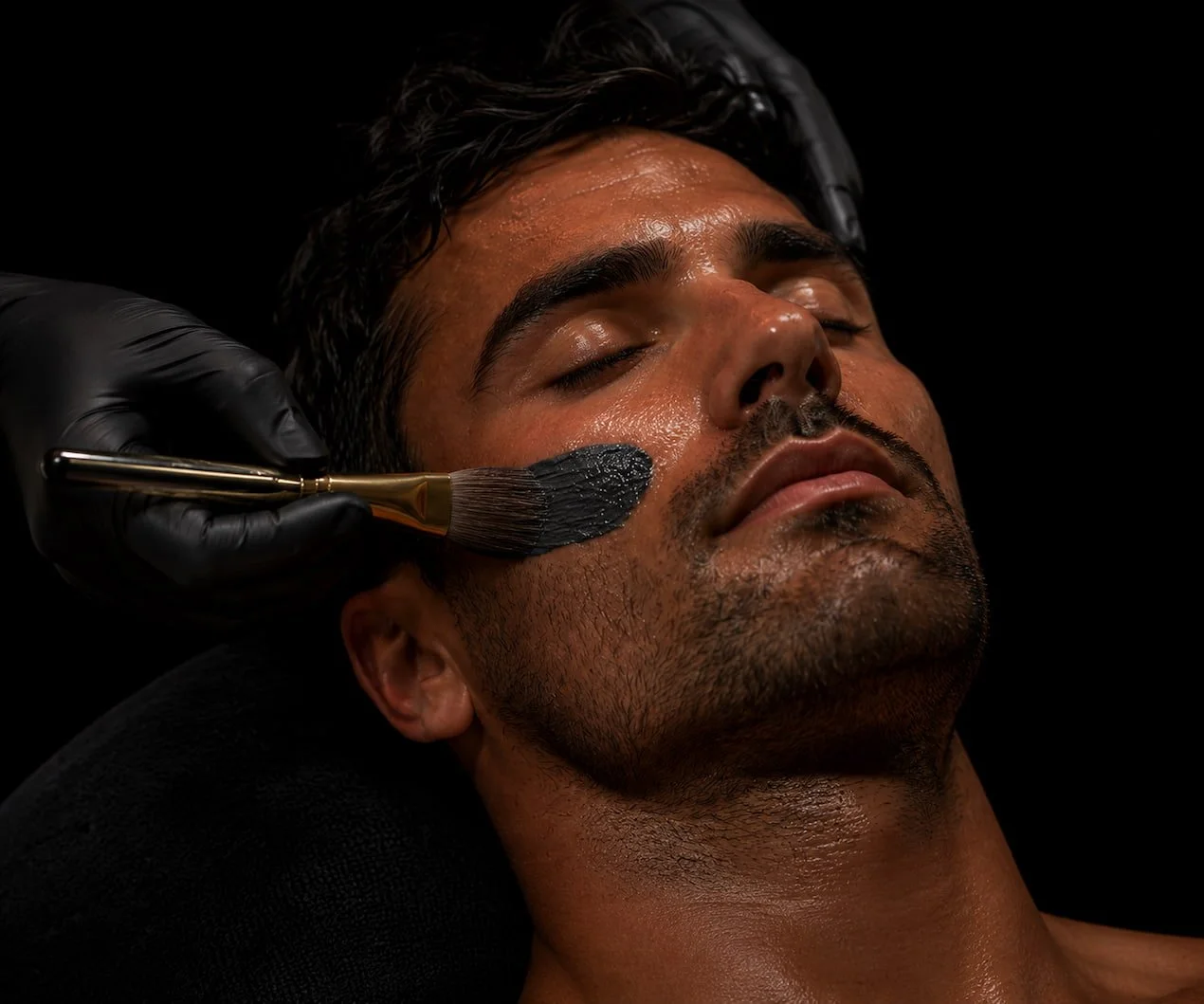 Man receiving a customized clay mask treatment during a men's facial at Conjure Skin Therapies in San Diego
