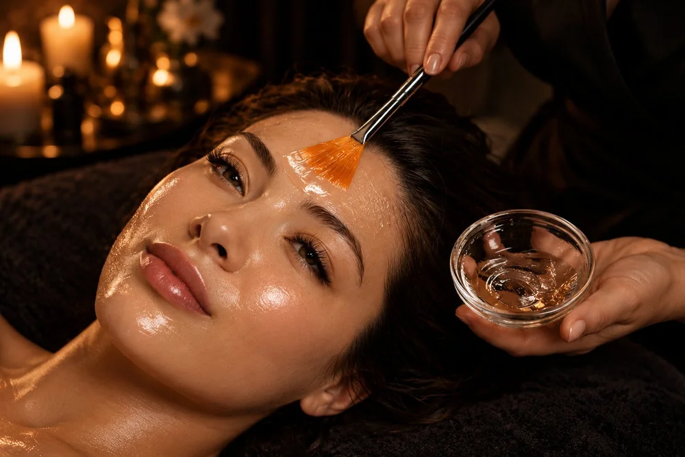 Woman during a salicylic acid acne peel treatment in San Diego