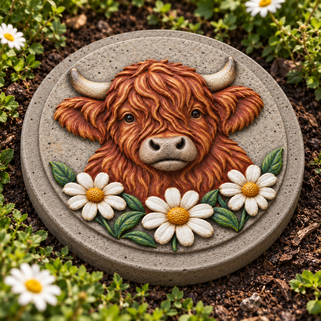 Hand-painted Highland cow daisy stone.png