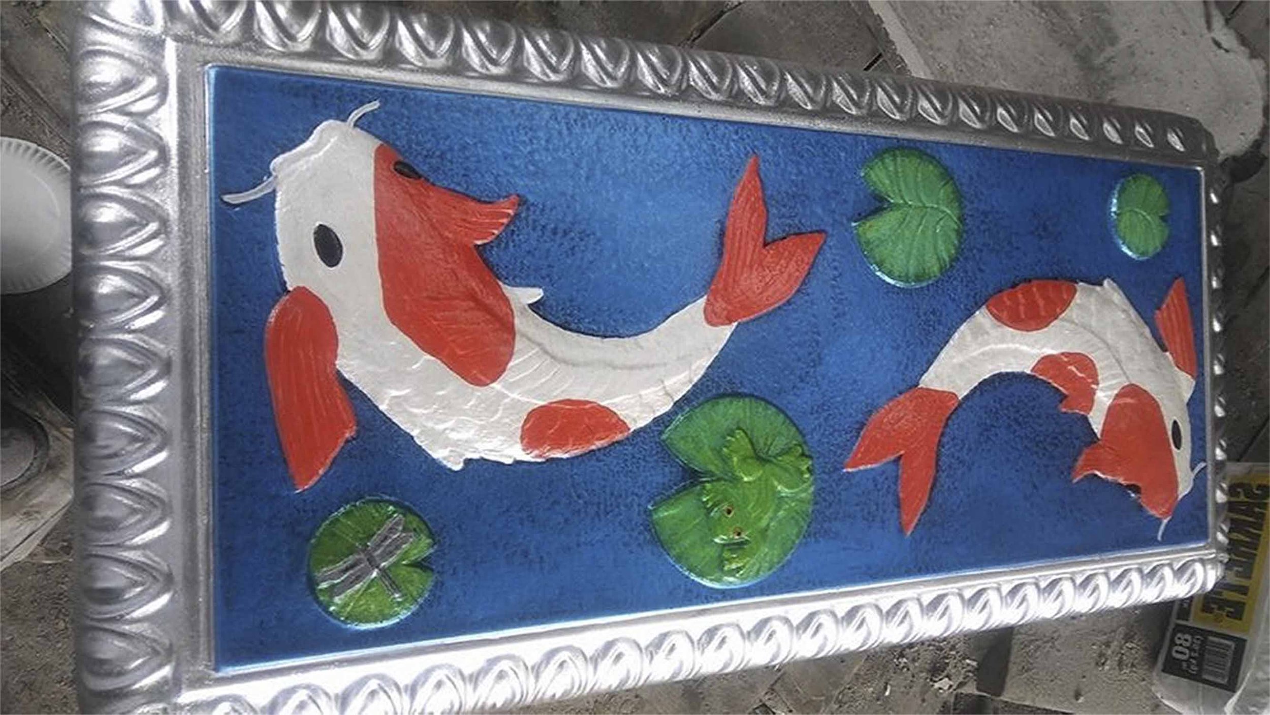 Koi Fish Concrete Bench Top Mold with Lily Pads and Dragonfly
