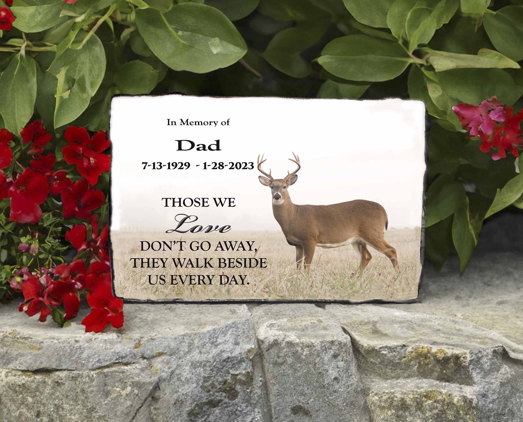 hunters memorial stone with a white tail deer scene, personalized with names and dates