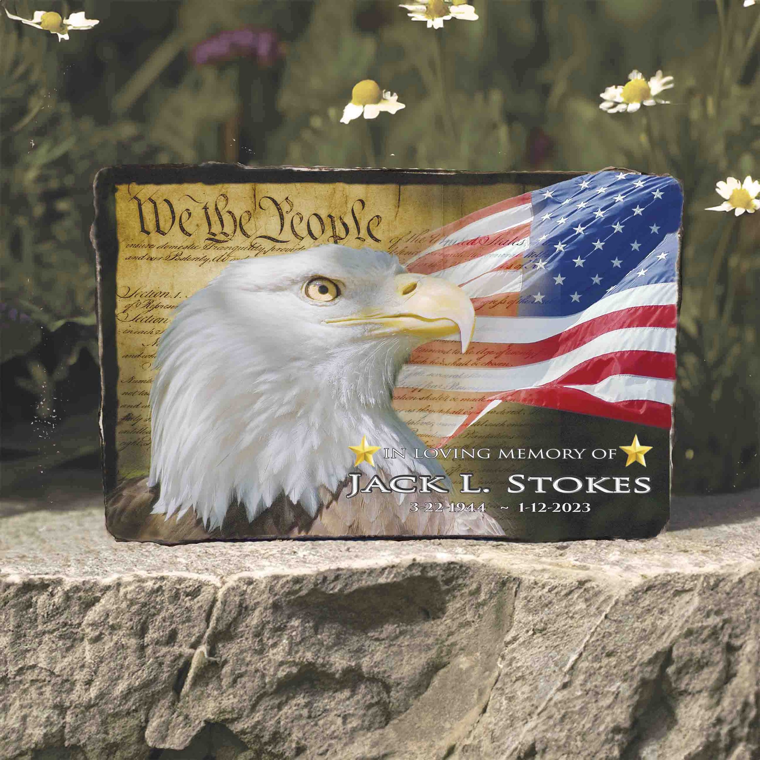 Bald Eagle Memorial Stone with We the People inscription – concrete tribute plaque for shelf, garden, or graveside display"