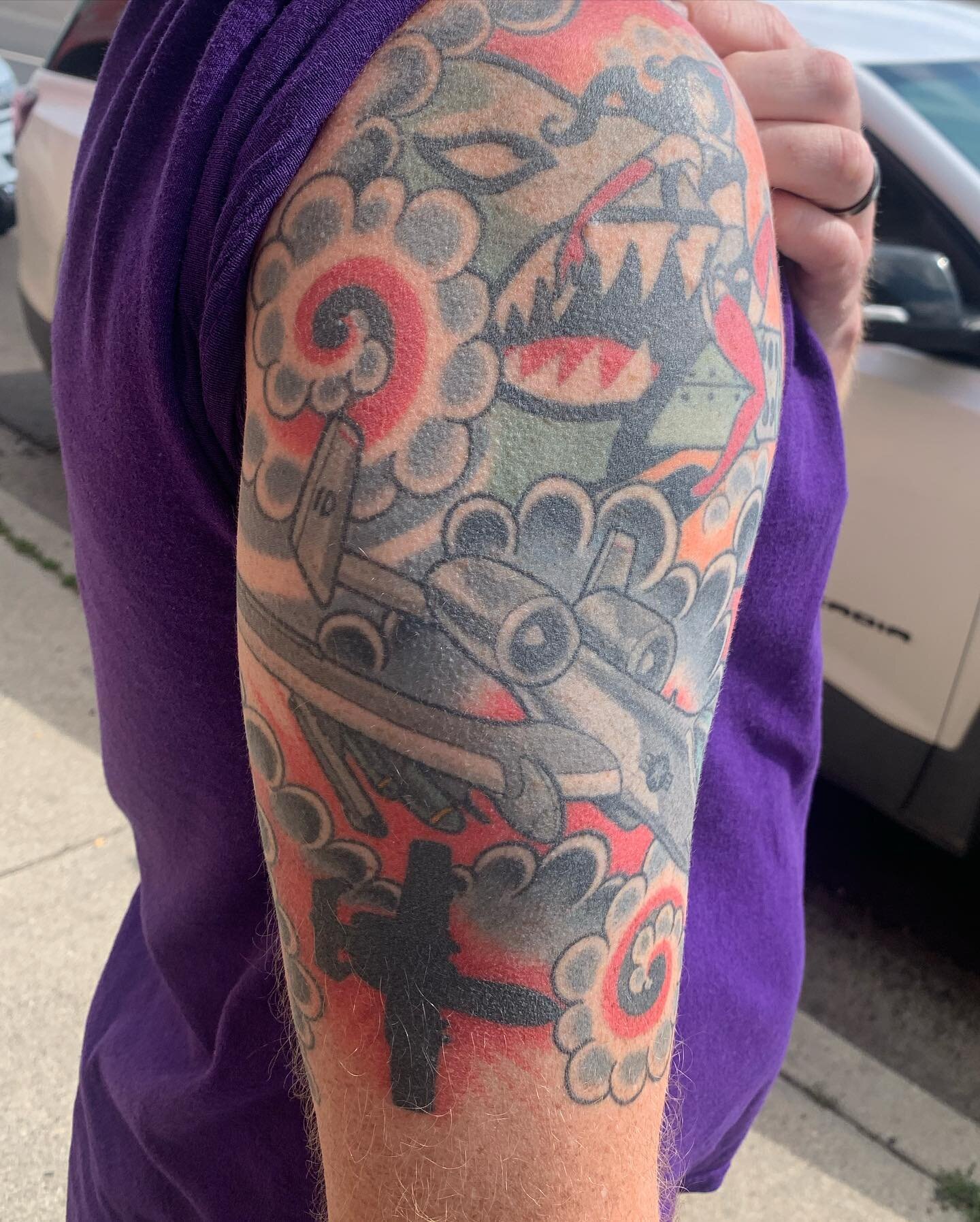 Half sleeve done by @wolfslayertattoos over 2 years ago! #traditionalsleeve #colorsleeve #boisetattoos #idahotattoos #boisetattooer #idahotattooer #boisetattooartist #idahotattooartist #boise #idaho