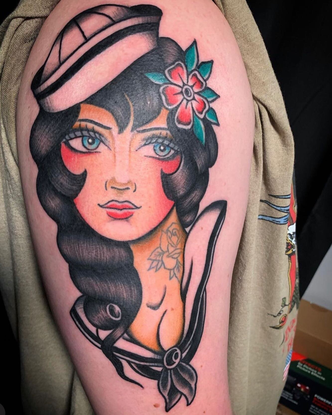 Sailor pinup by @dehart_tattoo Sean has time available this month coming up. Contact him directly for tattoo inquiries! #traditionaltattoo #boisetattoo #idahotattoo #boisetattooartist #idahotattooartist #boiseartist #idahoartist #colortattoo #radtrad