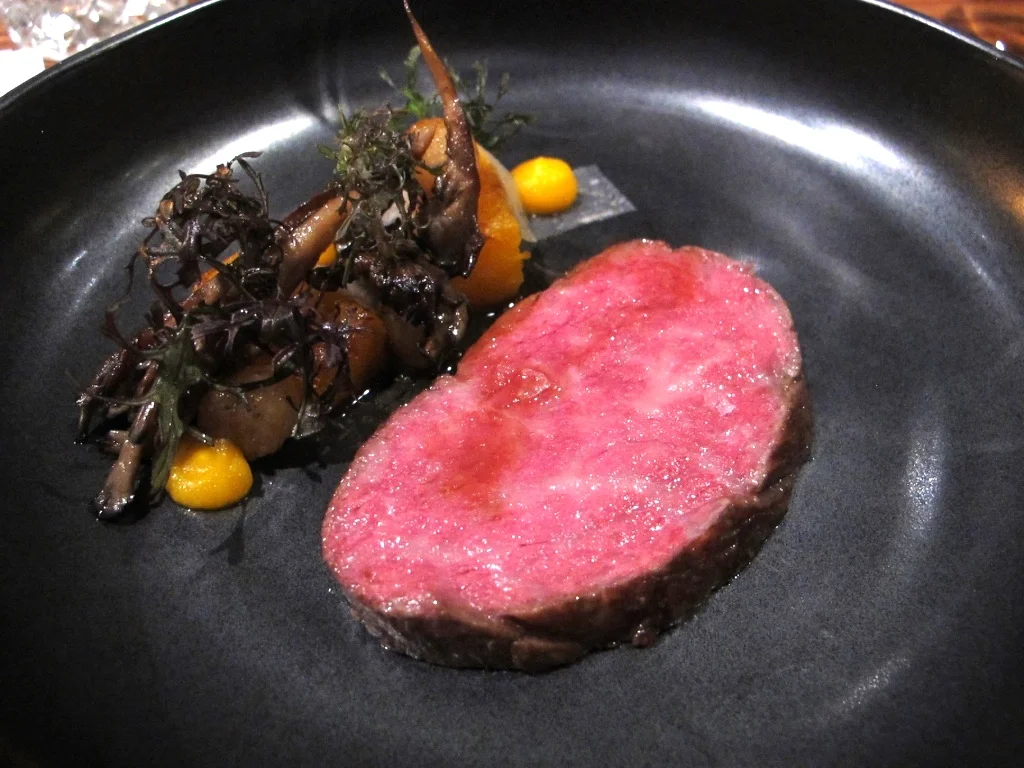Miyazaki Ribeye with pumpkin, Maitake, Asian pear, and bone marrow