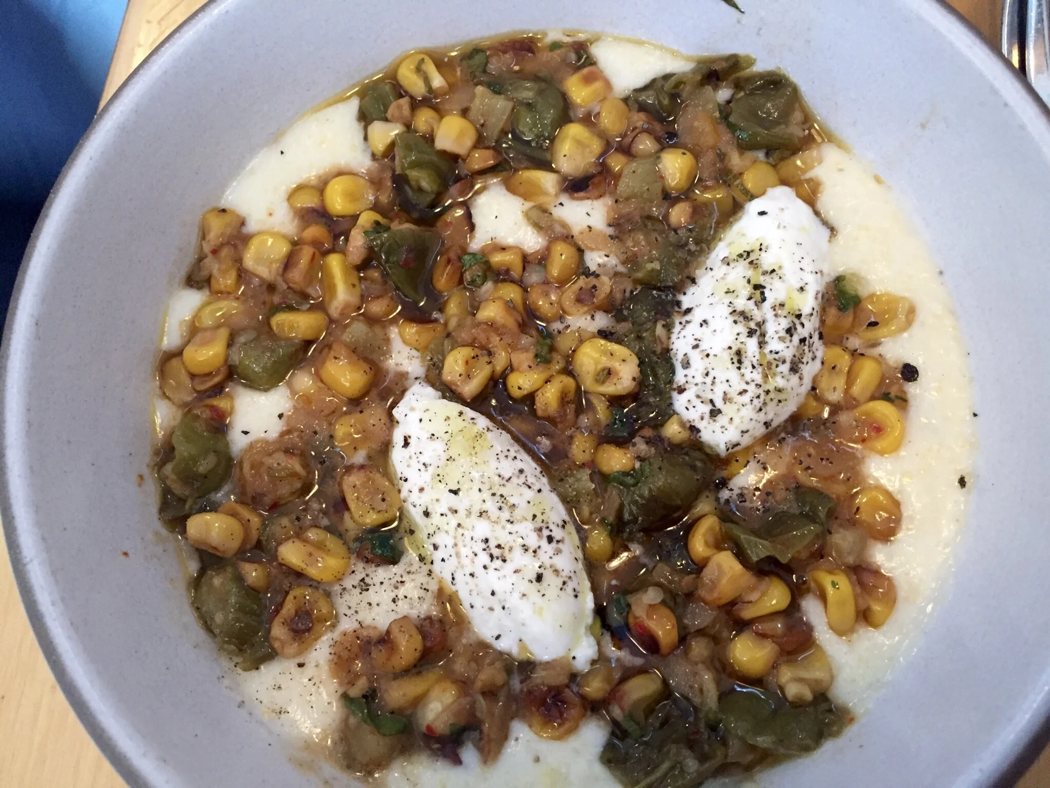 Grits, Goat's Milk Curds, Corn, Padrons, Pickled Green Tomato, Yuzu Blaster - incredible! 