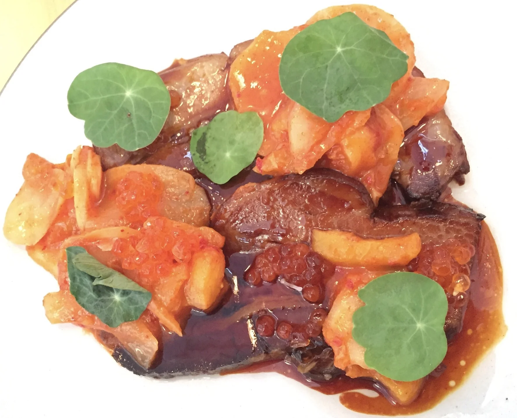 Pork Belly, Galangal Soda, Turnip + Peach-chi, Roe - next level eating ecstasy paired with the grits