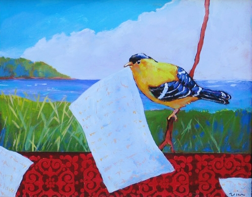 Delivery by Goldfinch, 2015 Acrylic on wood 8 x 10 inches