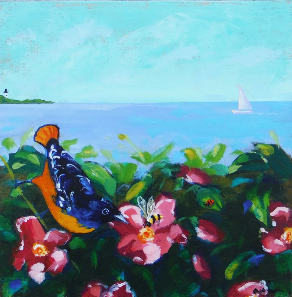 Bird and Bee on Martha's Vineyard , 2017 Acrylic on wood 10 x 10 inches