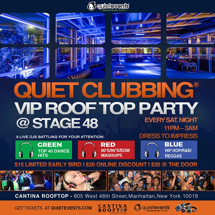 Location605 West 48th Street,Manhattan,NY 10019 VenueRooftop 48 Time11:00 PM - 3:00 AM Price$15 - $30 This upscale VIP Rooftop on top of the mega club Stage 48 is one of those must do parties in Manhattan. 3 Live DJs, hundreds of people singing and dancing under the stars all while wearing glowing headphones. With a retractable rooftop, this wild party happens rain or shine. This is the ideal spot for a girls night out, birthday party or with a bunch of friends getting their drink & groove on. Bottle service and reserved seating available. Your 3 Live DJs are spinning all night: DJ Izzy E (Green): Top 40 Dance Hits DJ Fitz1 (Red): 80’s/90’s/EDM Mashups DJ Banks (Blue): Hip Hop/Reggae/Soca WHAT MAKES THE NIGHT SPECIAL? A Pair of Quiet Events Headphones Glow in the Dark Gear Rooftop with views of NYC 3 Live DJ’s battling for your attention SPECIAL NOTES: 21+ to party Rain or Shine (If it rains, the glass roof closes!) Tickets available at the door, but are limited Bottle service packages email: James @ stage 48 Dress code: Dress to impress WHAT TO BRING: You MUST have a credit or debit card for the check-in process. If the headphones are NOT returned, there will be a $100 charge to your credit or debit card after the event. No need to print your ticket, just show the code on your phone or they will have your name at the door. HOW IT WORKS When you arrive you’ll receive a pair of special wireless headphones. You can adjust the volume and choose between up to three DJ’s with a flip of a switch. Each headset has a color LED that shows what channel you are listening to, so you can dance along with those listening to the same DJ as you. It’s super social; just lower the volume or take the headphones off to talk to that girl or guy. There’s no loud music that you have to talk over. Plus, there’s no ringing in your ears when you leave!
