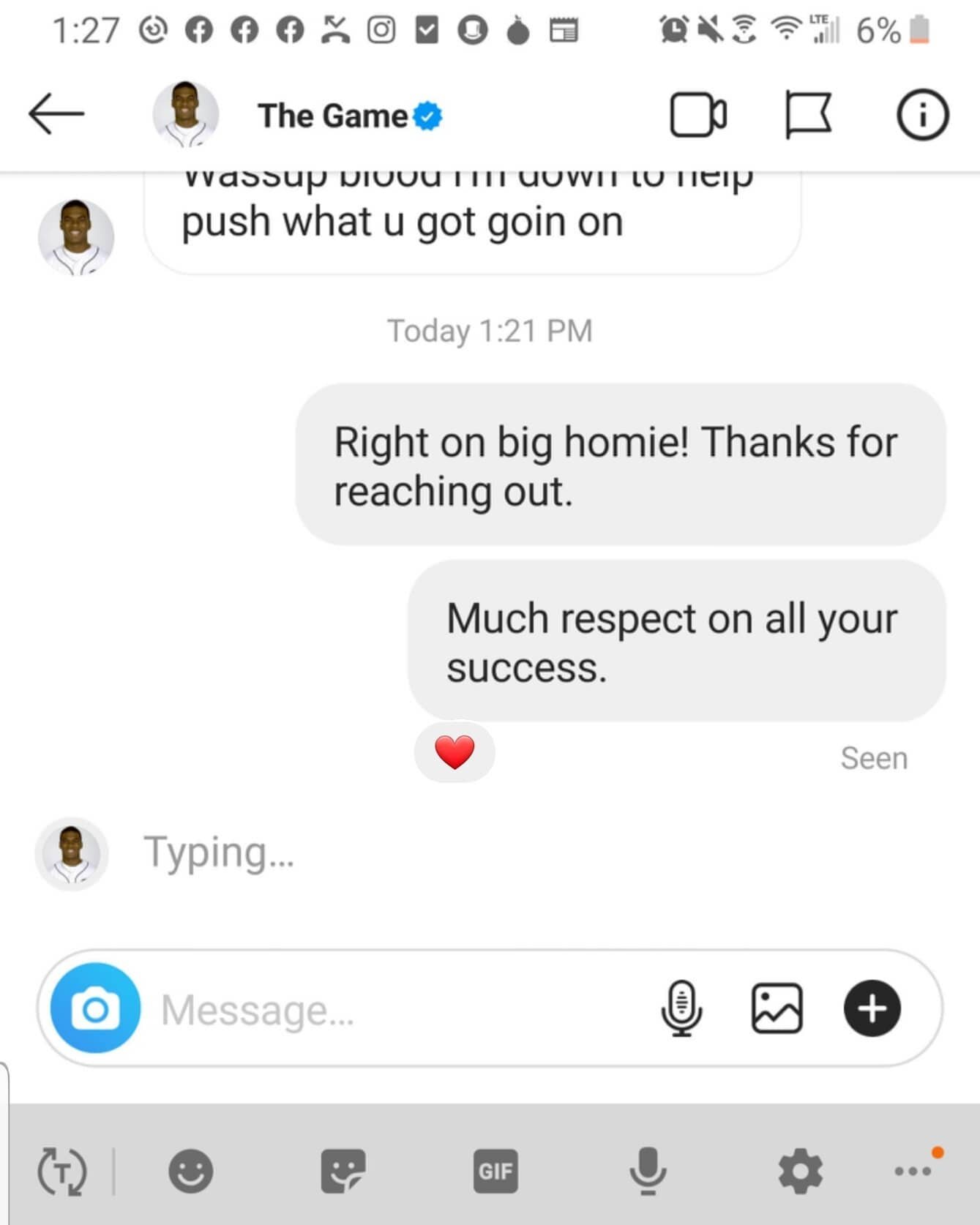 S/O to #TheGame @losangelesconfidential for taking the time to reach out to me and the #Rowdoggs . It's a blessing to be contacted by one of the greatest but it's a much greater blessing and an honor that he would even consider giving me the time of 