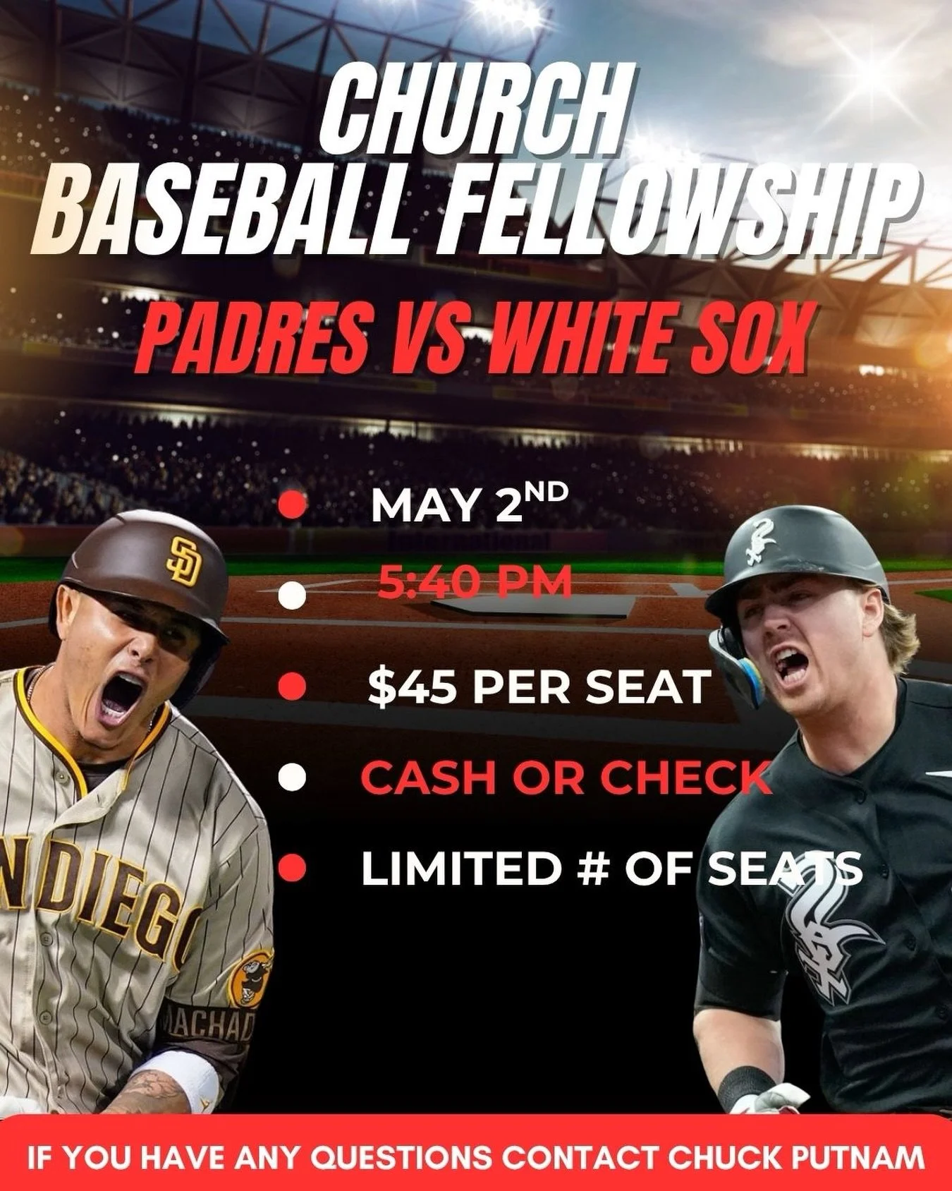 Join us!! If you have any questions contact Chuck putman🙌 

LETS WATCH SOME BALL! ⚾️
Who do you think will win? Comment and tell us👀

#baseball #churchlife #church