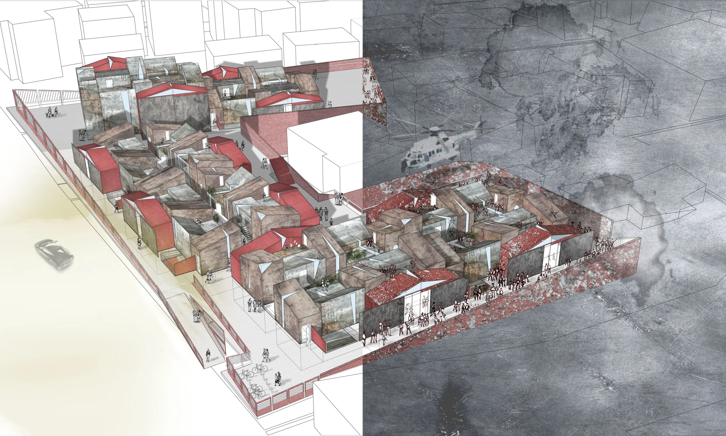 North aerial view showing daily life (left) and earthquake emergency (right)