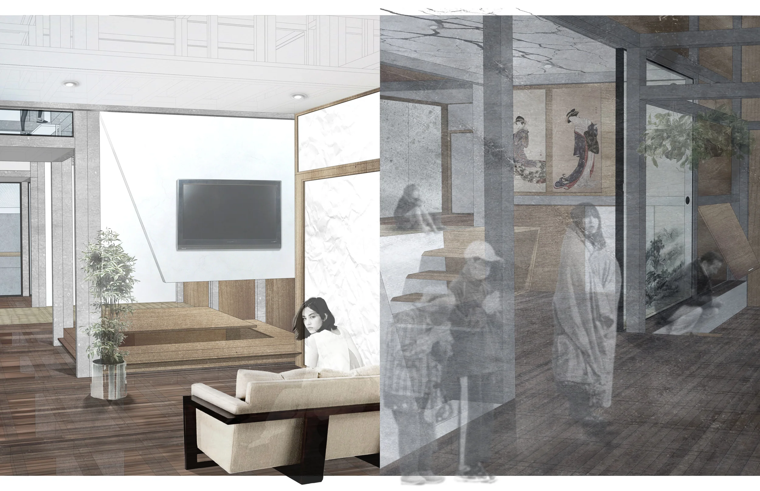 Interior Perspectives: Downstairs living and dining space (left) and upstairs studio used as shelter space (right)