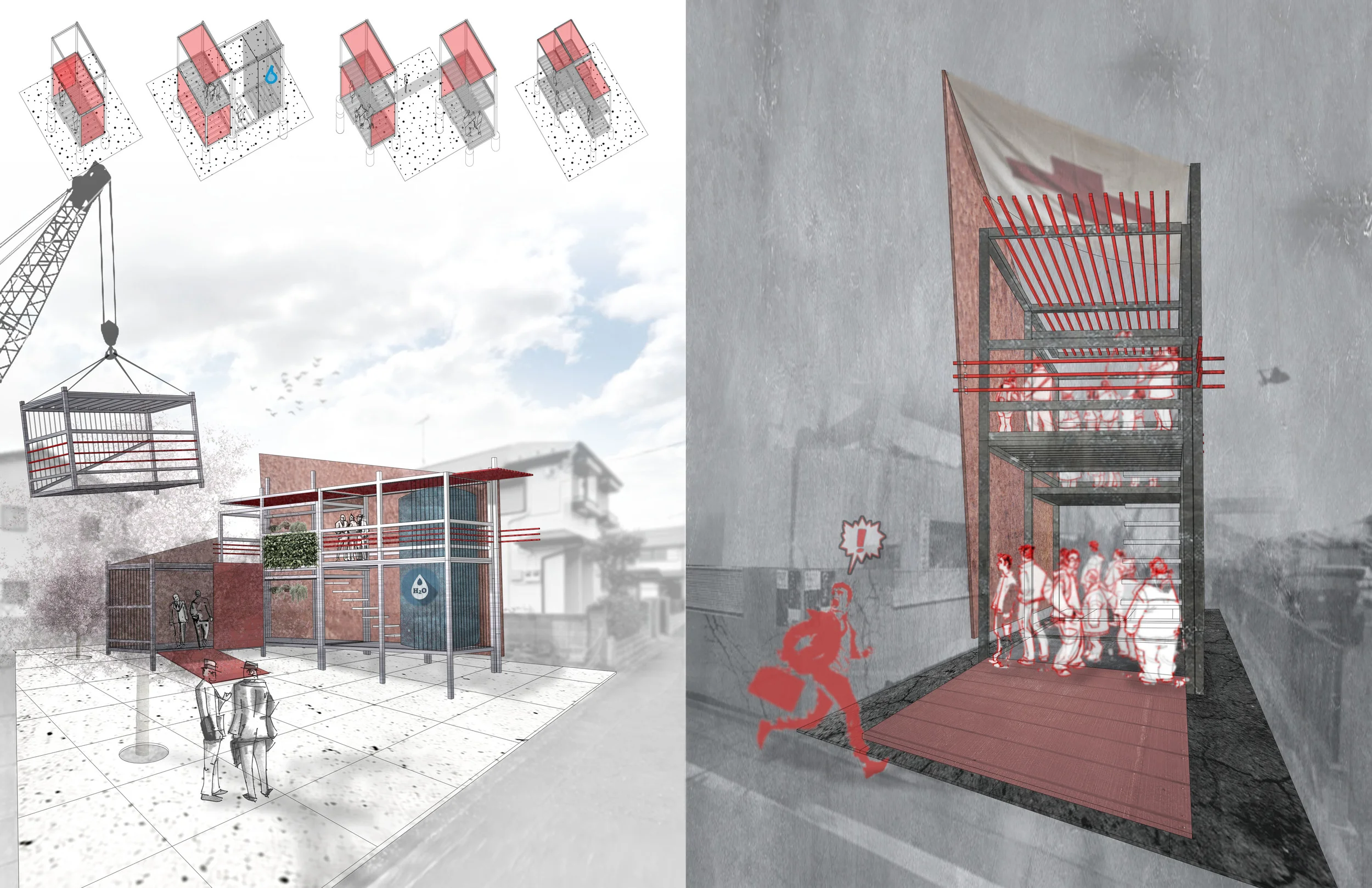 Kaizen Development: H20 shelter on a normal day (left) and double-story shelter in disaster phase (right)