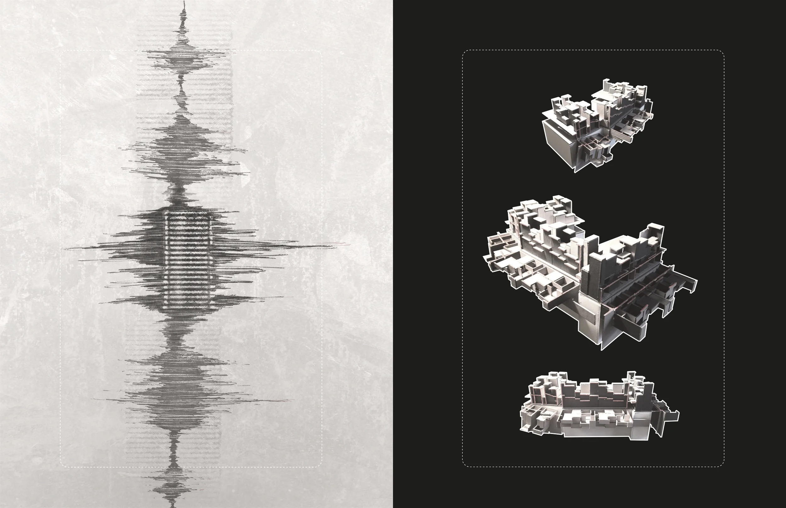 Seismograph collage (left) and 1' = 1/16" scale section model (right)
