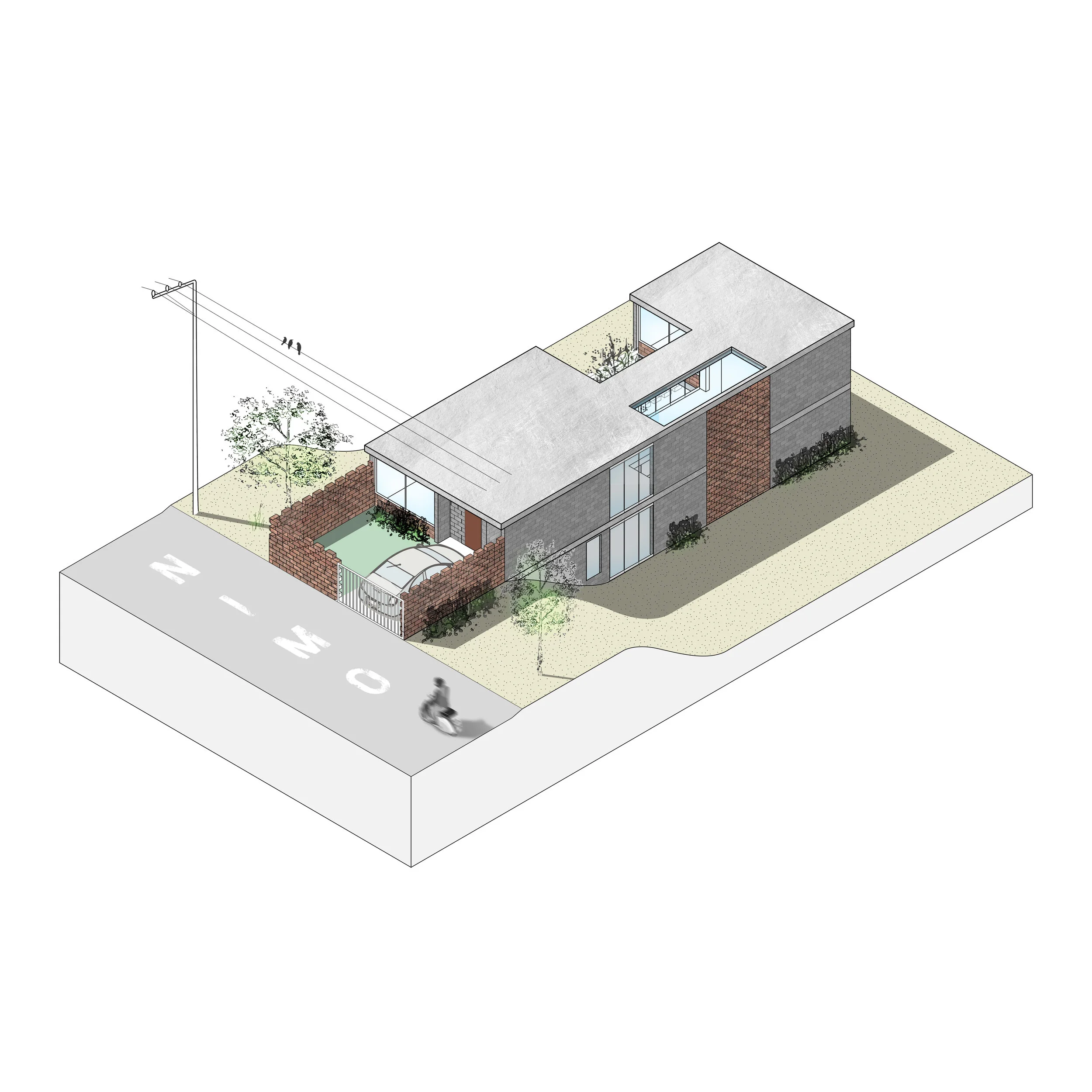 Southwest exterior axonometric view