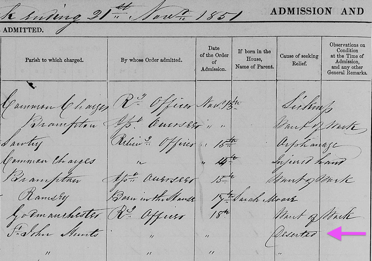  Right-hand side of the page showing Rhoda and Eliza Mary’s admission to the Huntingdon Workhouse on 18th November, 1851. From FamilySearch Image Group 008868994 (Image 683). 