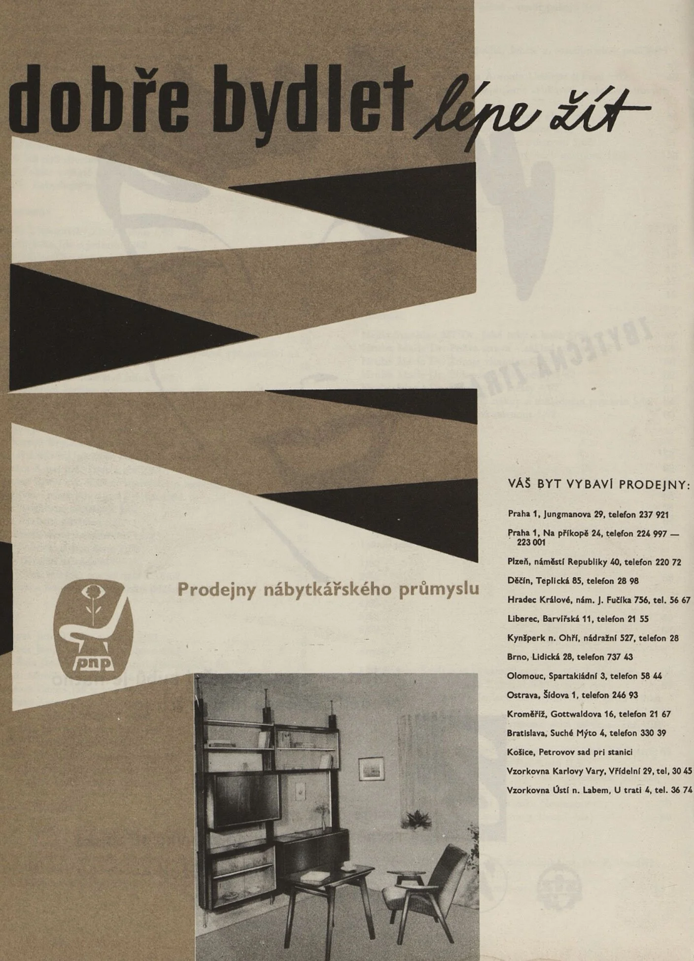 Vintage Czechoslovak furniture advertisement showing a modern post-war interior