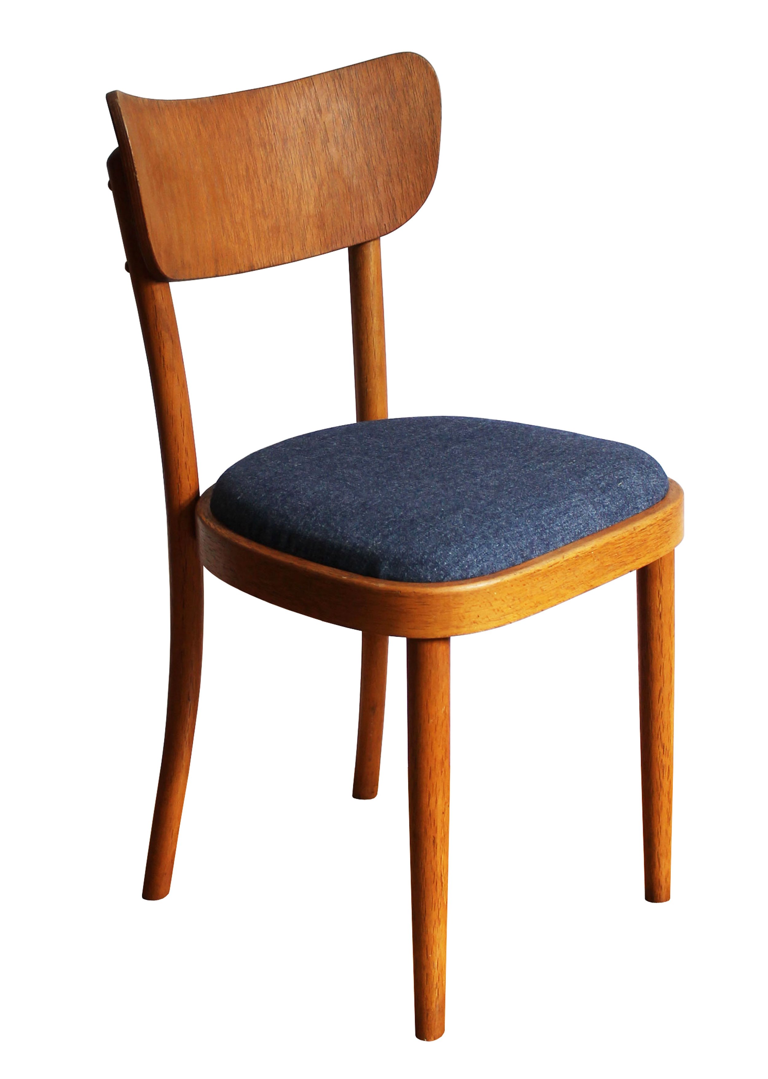 1960s UP Rousínov beech dining chair with curved plywood backrest and dark blue upholstered seat.jpg