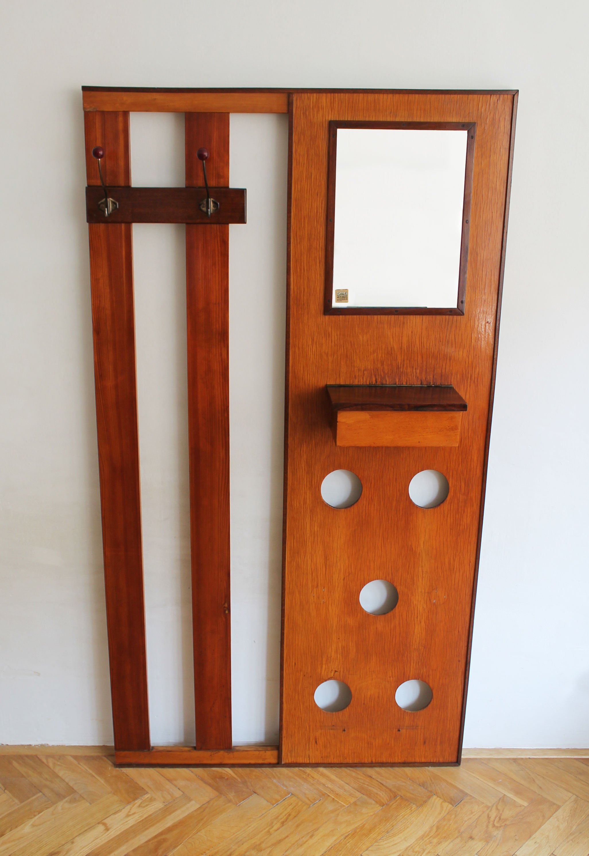 Vintage hall unit fragment with wooden coat hooks, rectangular mirror and key box (Copy)