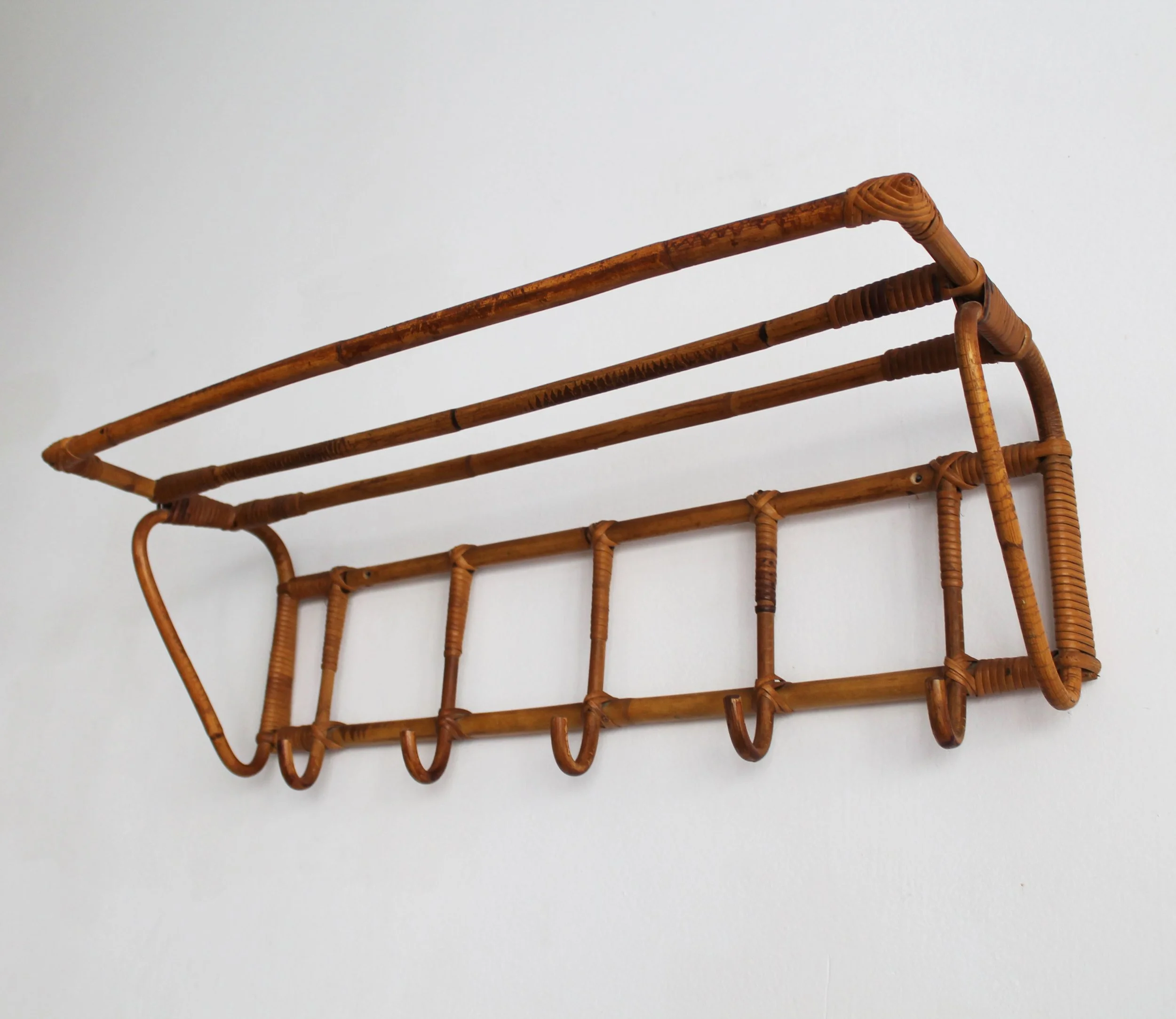Vintage Czechoslovak wicker coat and hat rack with bent cane frame, 1960s.jpg