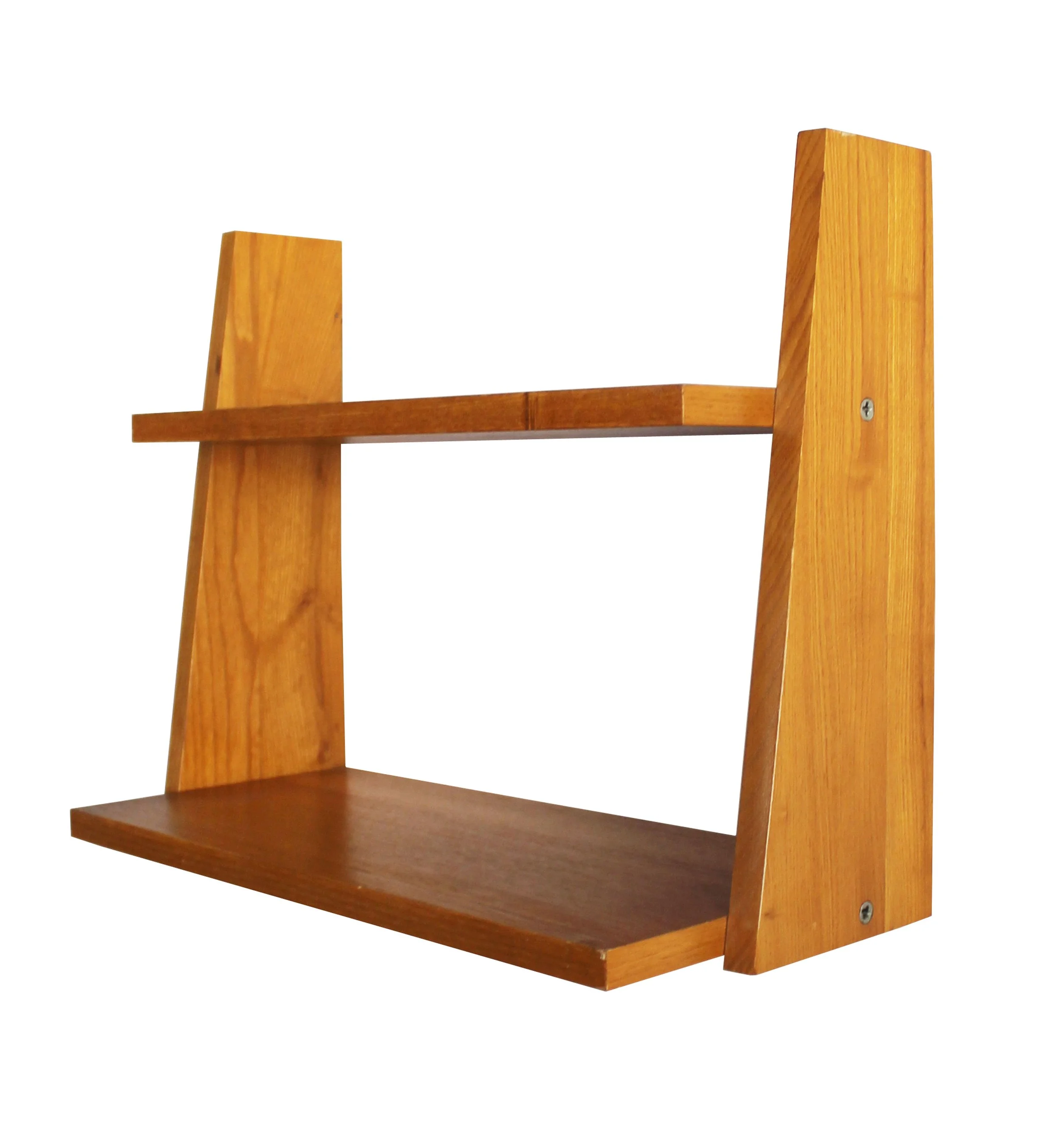1960s Czechoslovak mid-century beech wall shelf with distinctive angled side supports