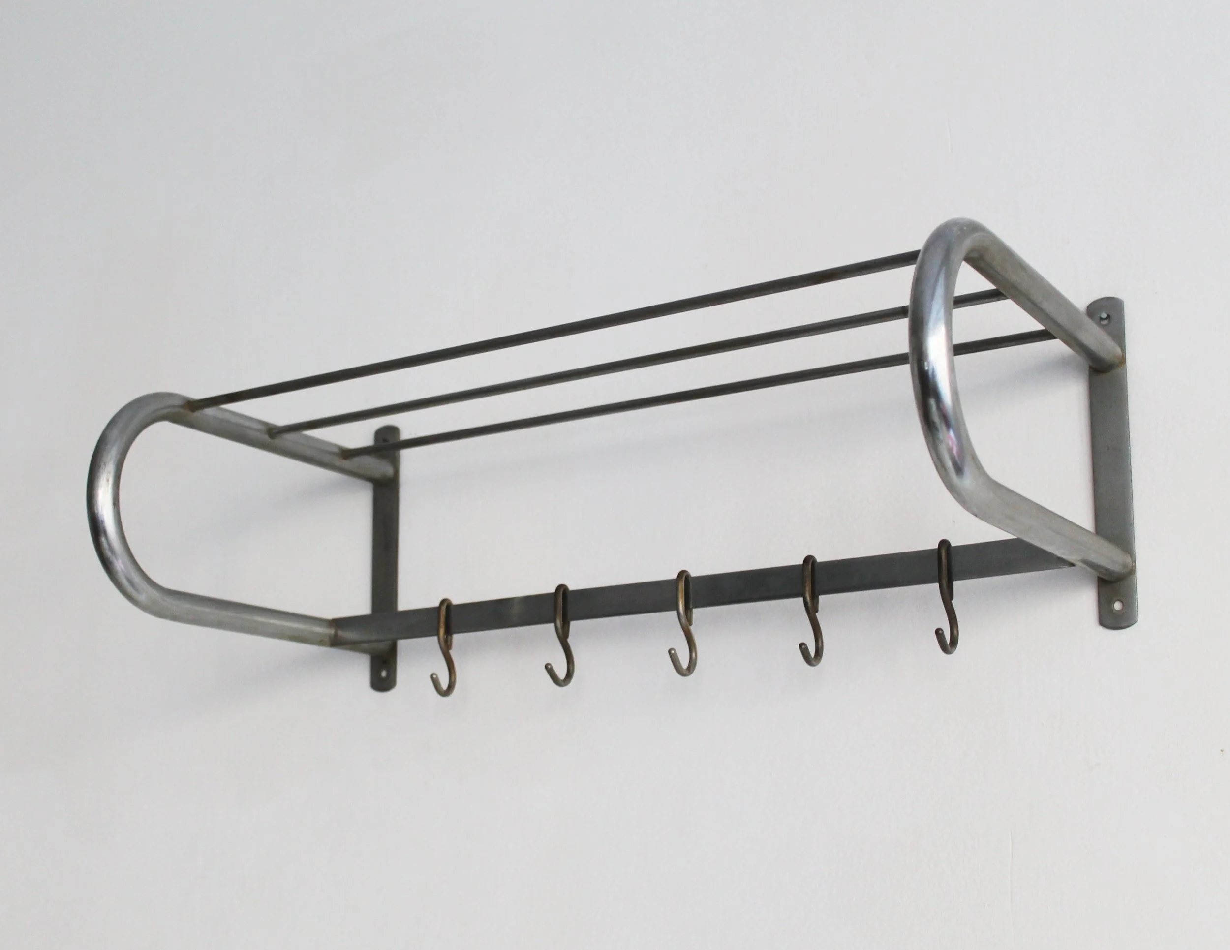 1930s Bauhaus-style chrome steel coat rack with six hooks and upper shelf, mid-century Czech design.jpg