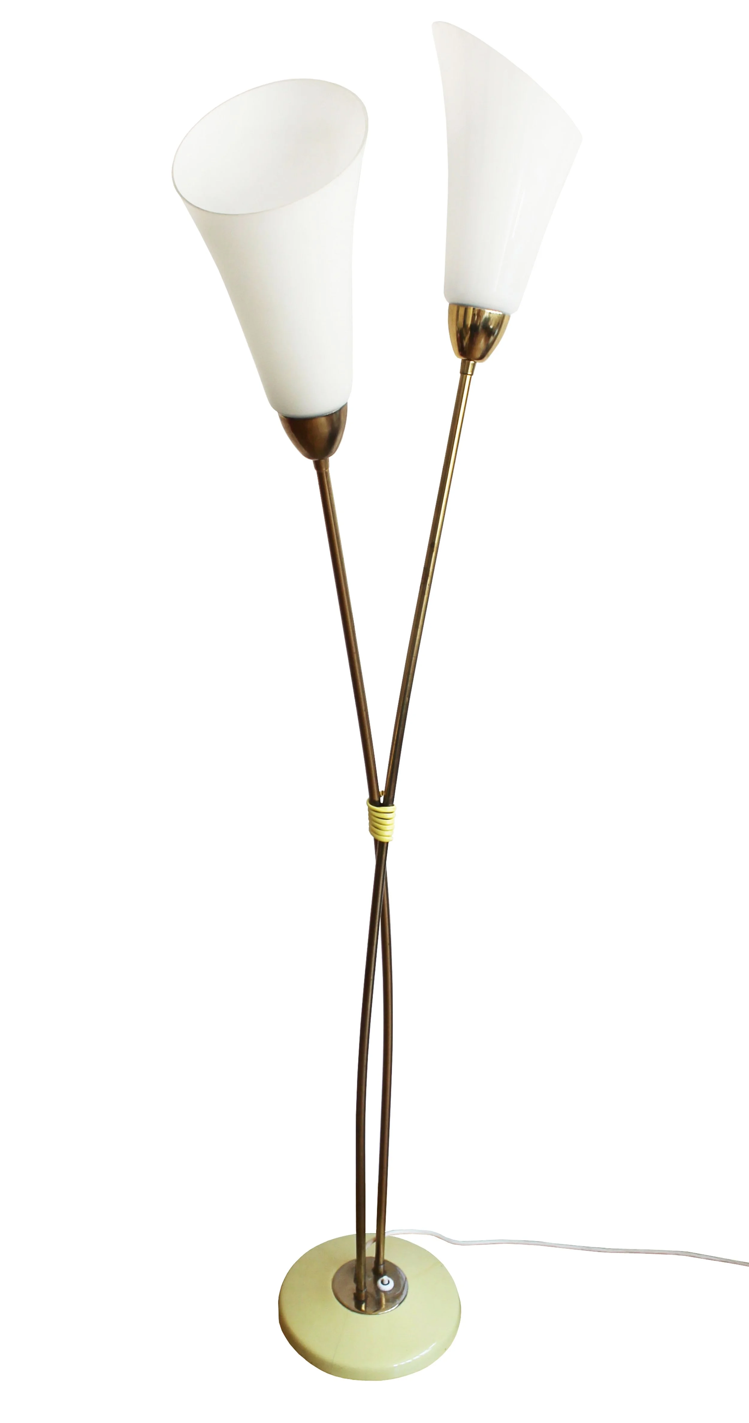 1960s Czechoslovak floor lamp with brass arms and milk glass shades.jpg