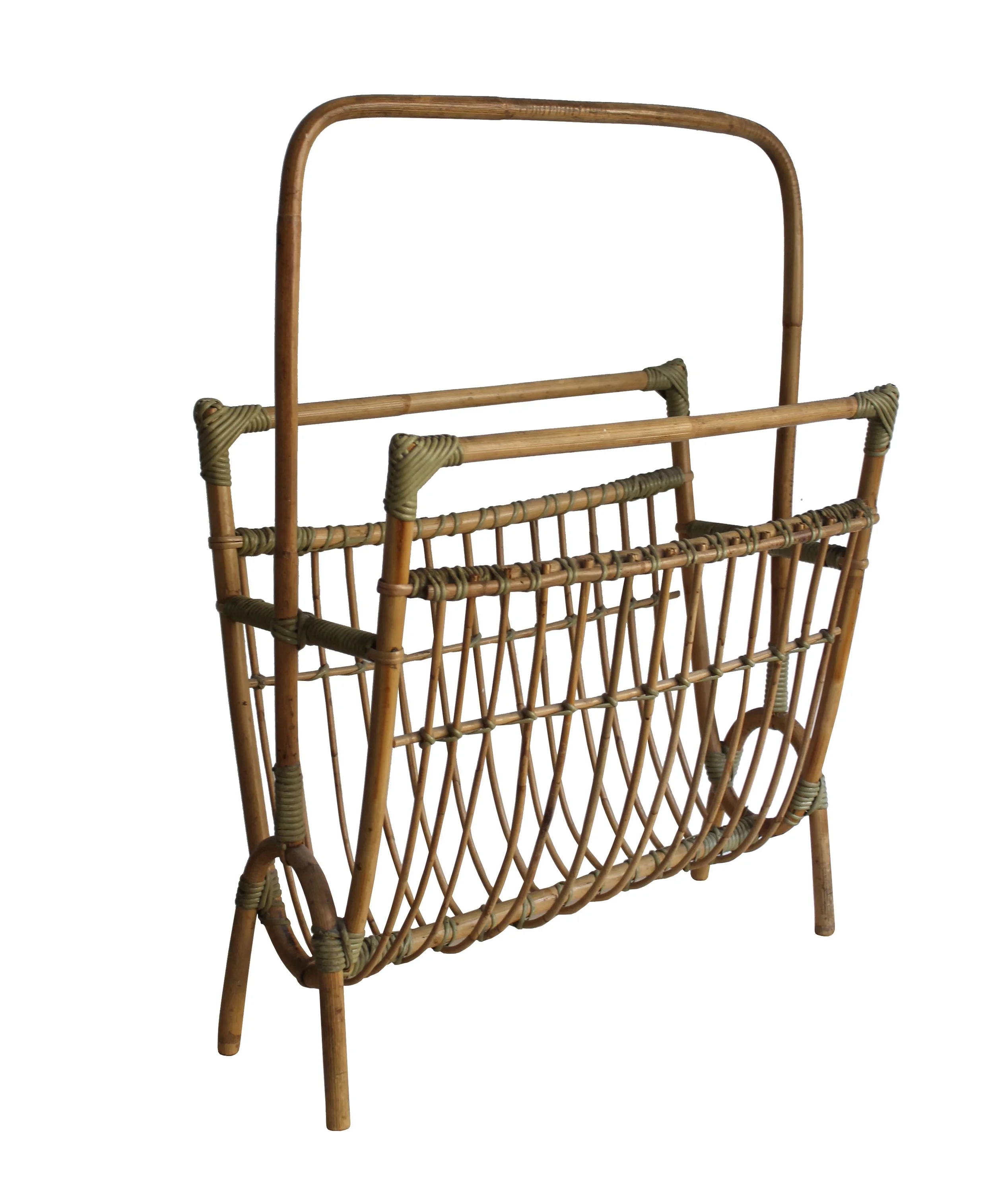 1960s Czechoslovak rattan magazine rack with tall handle, curved cane compartments and green bindings