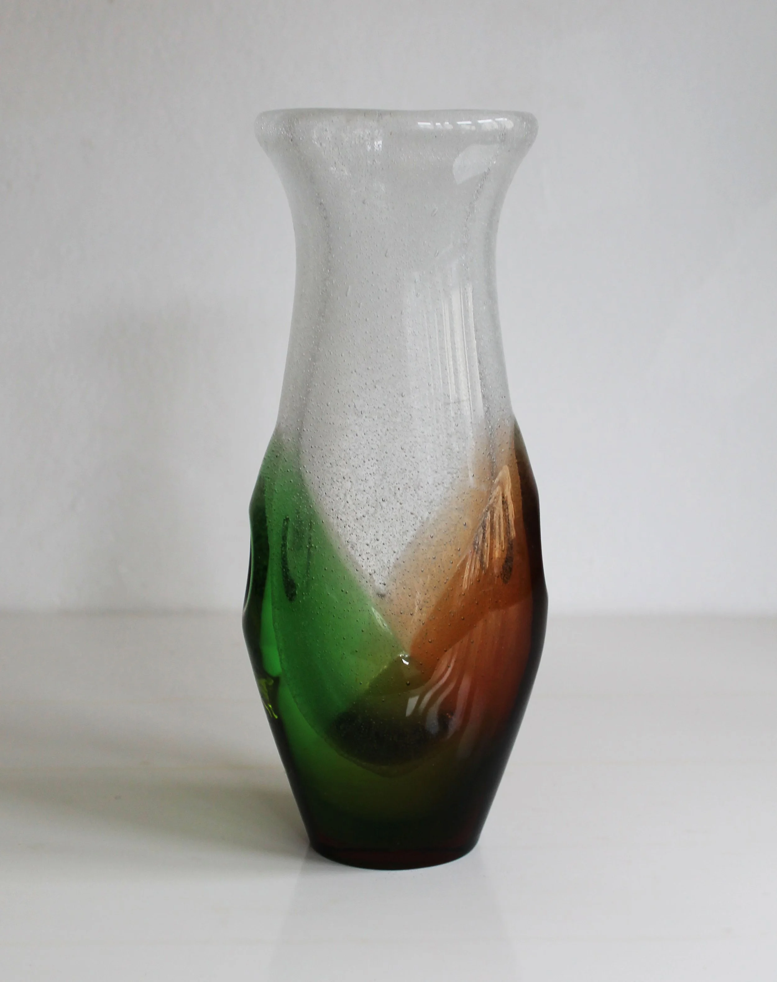 Czech green and amber vintage glass vase with textured crystal.jpg